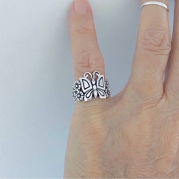 Sterling Silver Statement Butterfly and Plumeria Ring, Flower Rings, Bug Jewelry - Picture 8 of 13